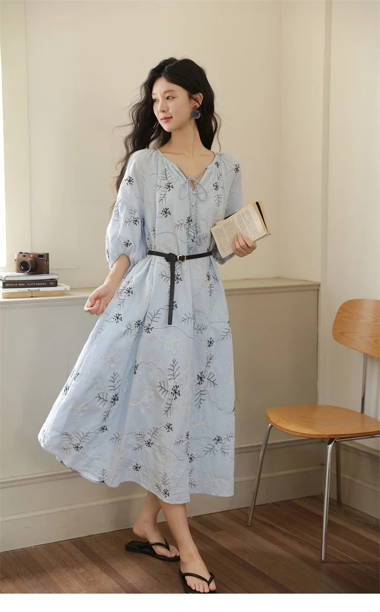 MISHOW Blue Flower Embroidered Dress 2025 Autumn Seven Cent Lantern Sleeve Tassel Tie Rope V-neck Dresses with Belt MXE42L2493