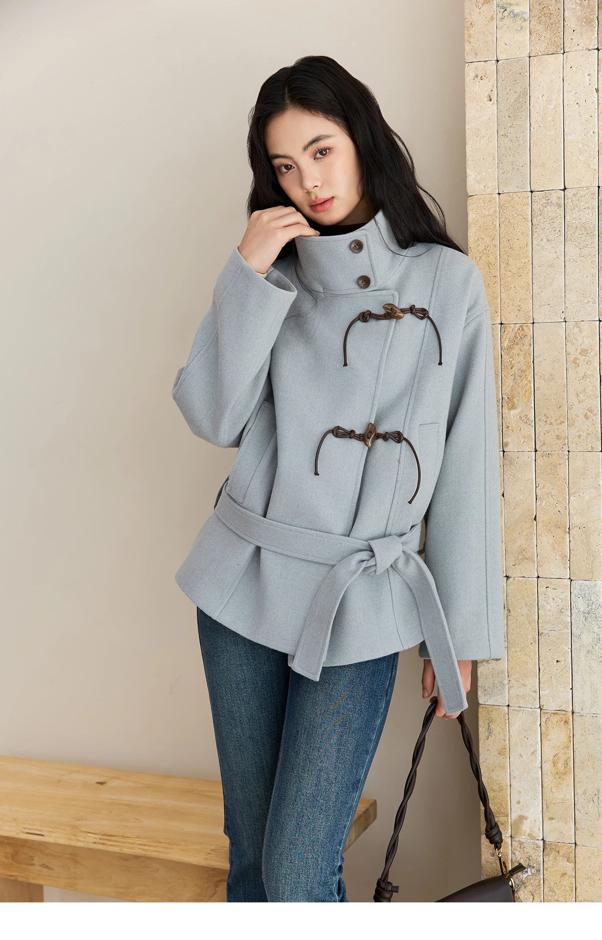 MISHOW Blue Woolen Coat Women 2025 Winter New Double-breasted Lace Up Coat Mid-length Windbreaker Women's Clothing MXE51W0872