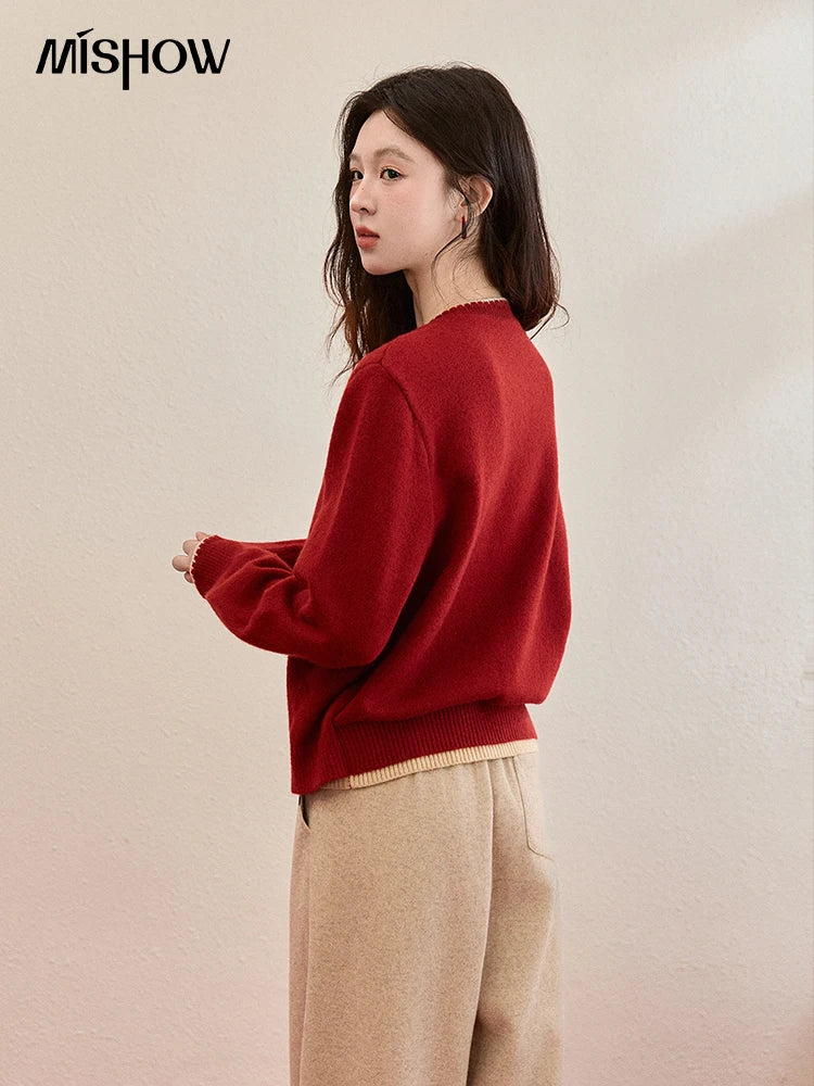 MISHOW Color Block Contrast Fake Two-Piece Cardigan Women Winter Removable Plaid Collar Tie Thickened Knitted Sweater MXE93Z2816