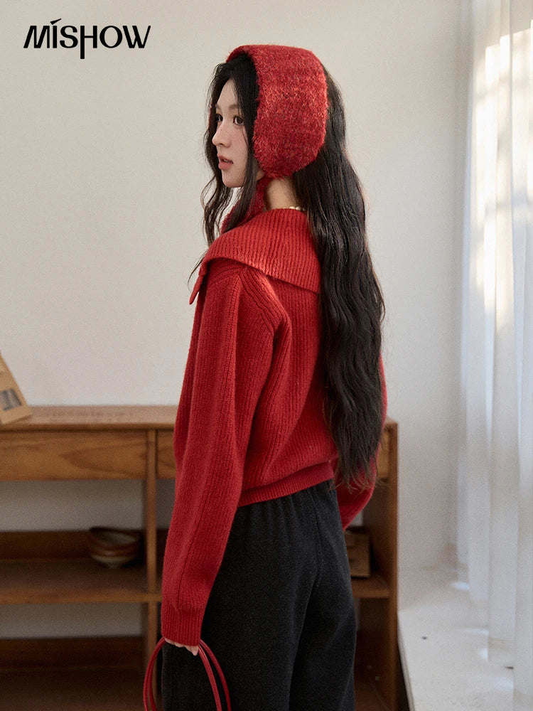 MISHOW Women's Retro Red Bull Horn Button Sweater 2025 Winter Arctic Velvet Warm Knitted Sweater Excluding Headscarf MXE90Z2819