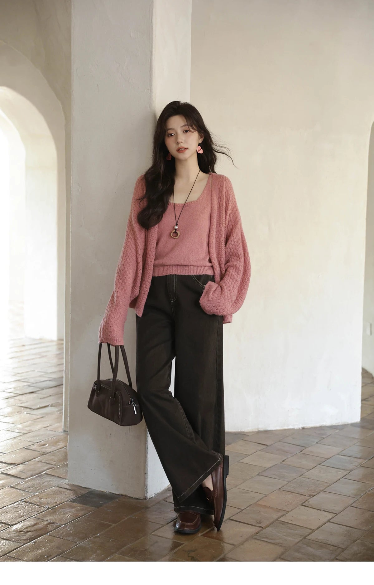 MISHOW Women's Pink Knit Two-Piece Set 2025 Autumn Sweet Long Sleeves Cardigan with Vest Casual Women's Clothes Set MXE44T0737