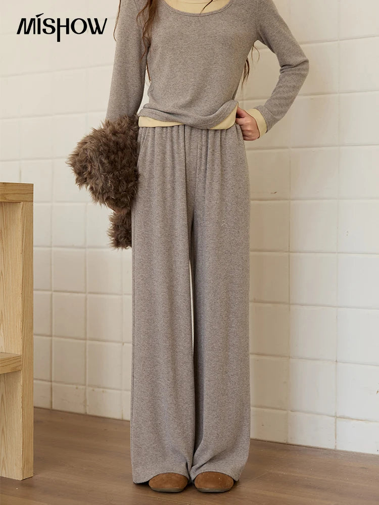 MISHOW Elastic Waist Casual Pants 2025 Autumn Winter Solid Full Length Pants Loose Wide Leg Trousers Office Lady MXE89K1119