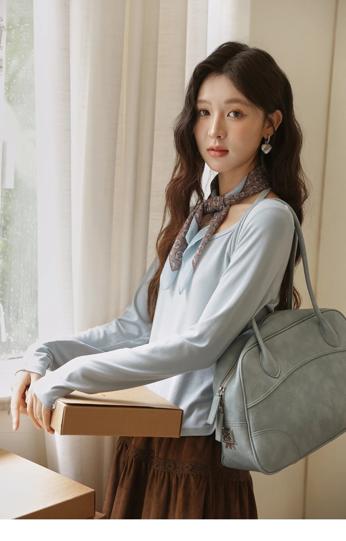 MISHOW Elastic Knitted T-shirts for Women Autumn 2025 Hanging Neck Strap Tees Pleated Waist Slim Long Sleeved Top MXE42T0720