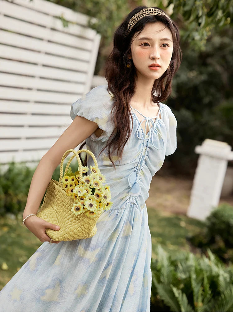 MISHOW V-Neck Lace-Up Puff Sleeve Midi Dress MXE34L2227