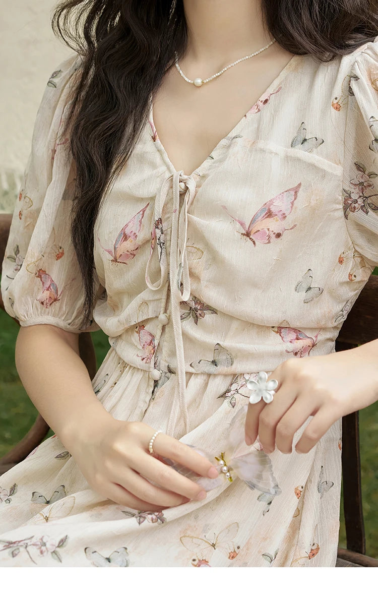 MISHOW Butterfly Printing Dress for Women 2025 Summer Luxury Elegant V-neck Lace-up Bubble Sleeves Slim Long Dress MXD15L1778