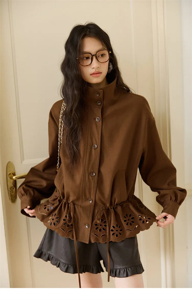 MISHOW Hollow Embroidered Trench for Women Autumn 2025 Drawstring Waist Coffee Jacket Lapel Single Breasted Coat MXE48W0855