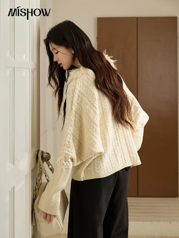 MISHOW Women's Batwing Sleeve KnittedSweater 2025 Winter Faux Fur Collar Cable Knit Puff Sleeve Warm Pullover Tops MXE94Z2985