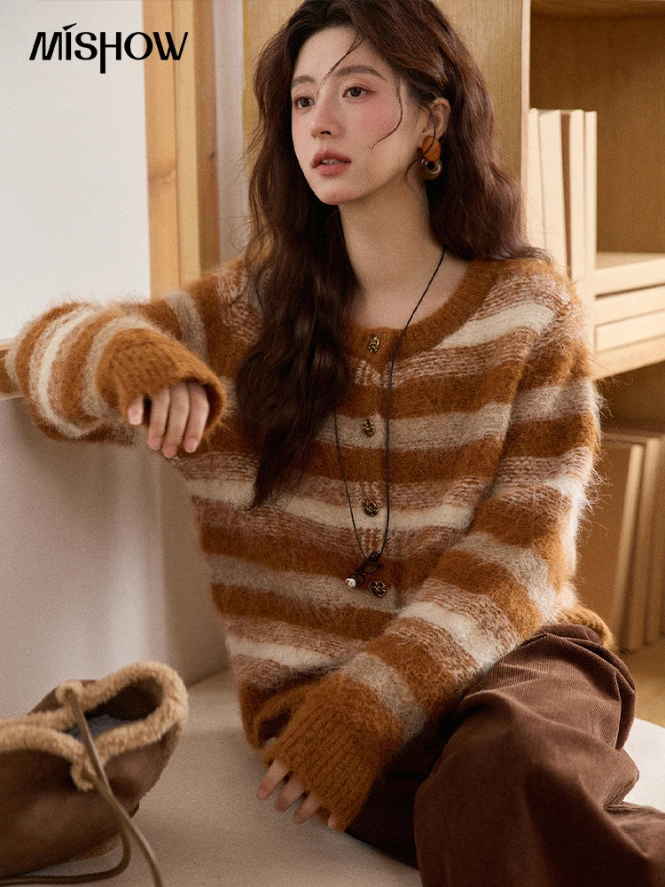 MISHOW Women's Cardigan Wool 2025 Winter Retro Striped Round Neck Long Sleeved Knitted Top Warm Comfortable Cardigan MXE87Z2723