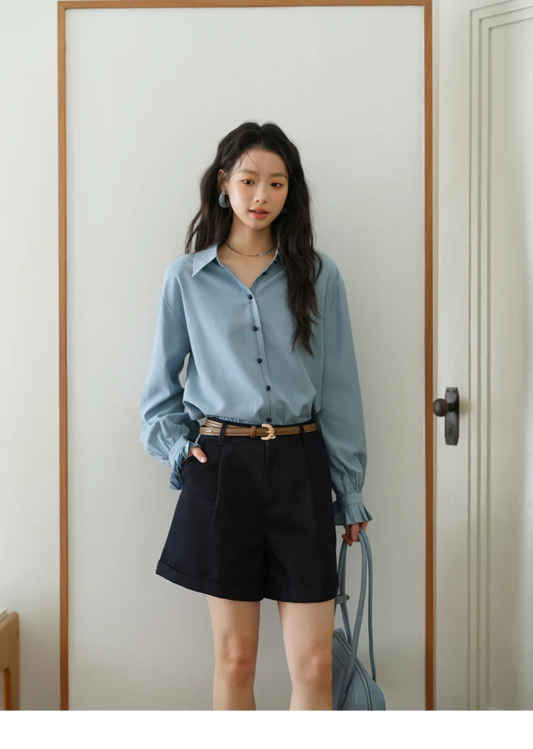 MISHOW Women's Shirts 2025 Autumn Color Blocking Buttons Pleated Cuffs Loose Top Female Solid Lapel Commuting Shirts MXE41C2352