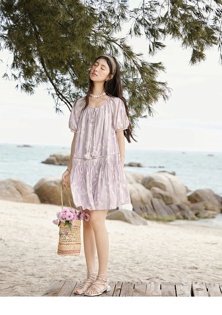 MISHOW Print Summer Chiffon Dress Women 2025 Short Sleeve U Neck Splicing Hollow Lace Midi Dresses Lady New Fashion MXE32L2164