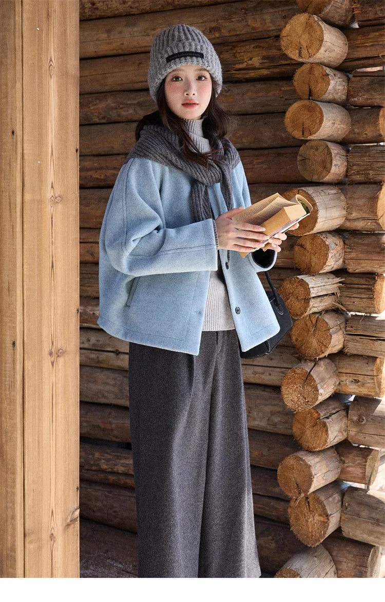 MISHOW Woman Blue Wool Coat with Shawl 2025 Winter Elegant Fashion Crew Neck Single-breasted Short Loose Thick Coat MXE87W0943