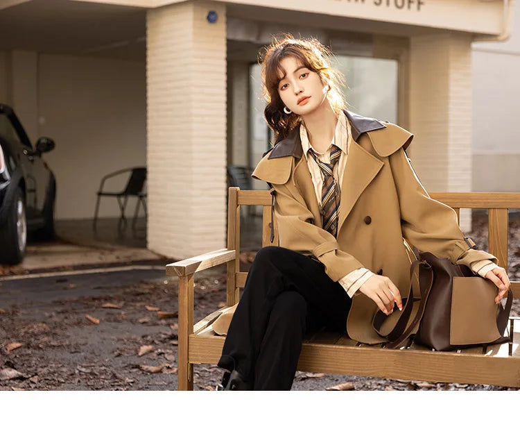 MISHOW Trench Coats for Women Autumn Korean Office Lady Polo Collar Patchwork Long Mid-length Jacket Female Outerwear MXB33W0399