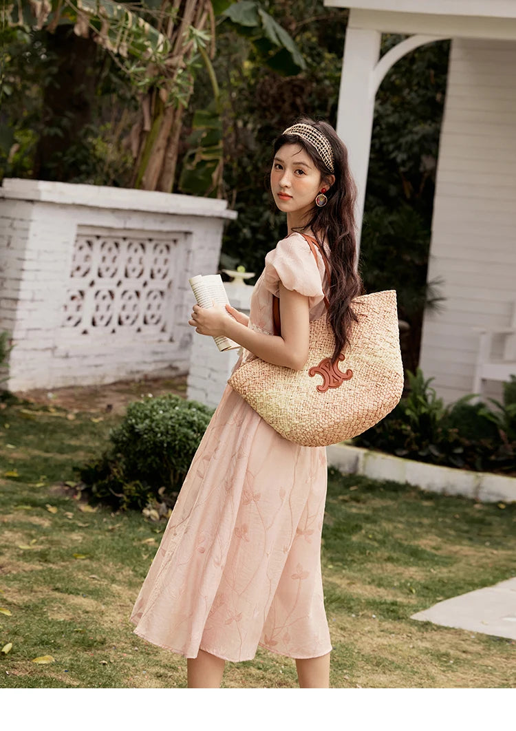 MISHOW Print Office Lady Dress Women Summer 2025 Short Sleeve Round Neck Beaded Neckline Slim Waist Dresses Female MXE33L2208