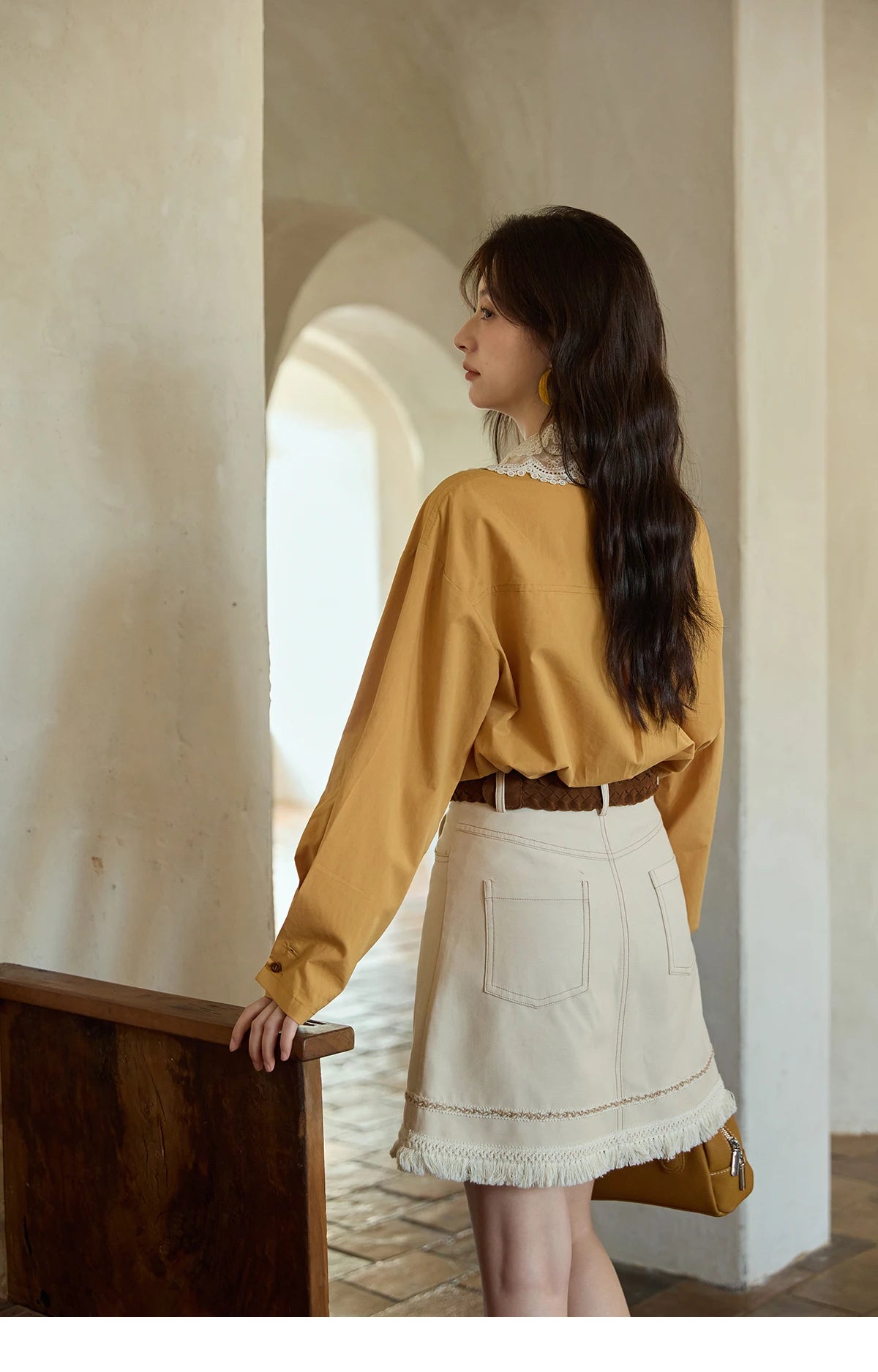 MISHOW Autumn Solid Cotton Shirt Autumn V-neck Double-layer Lace Retro Design Shirts Single Breasted Tops Office Lady MXE41C2366