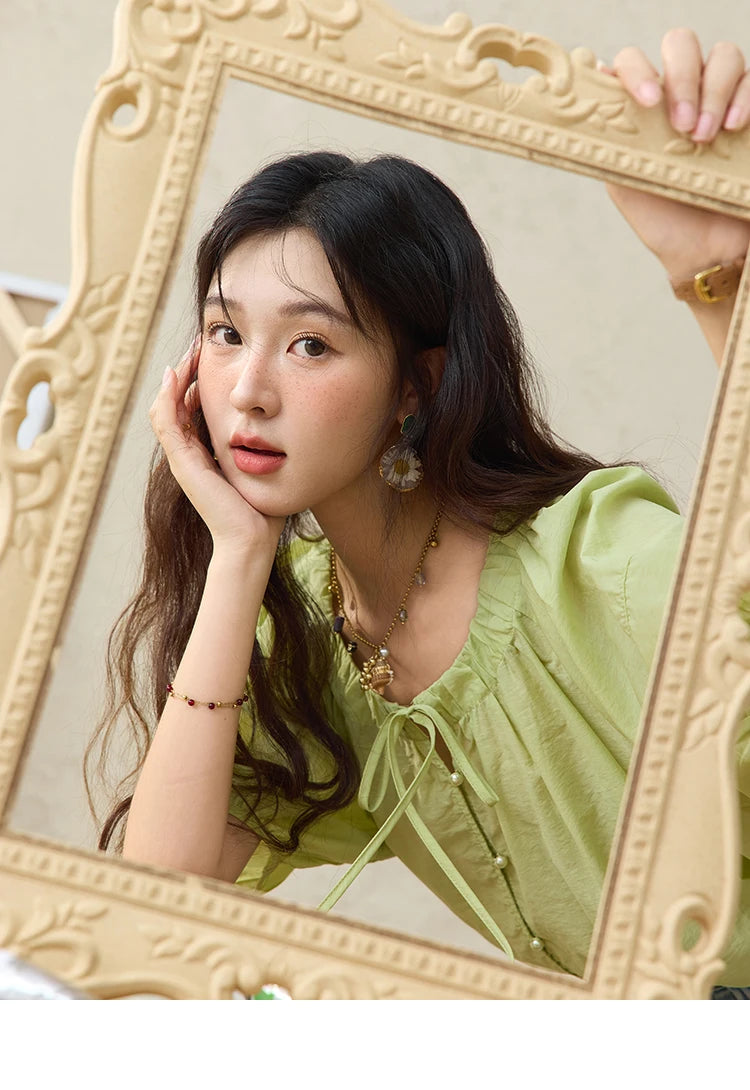 MISHOW Women's Round Neck Blouse 2025 Summer New Fashion Lace Up Puff Sleeve Casual Chiffon Top Ladies Clothing MXE36X1875