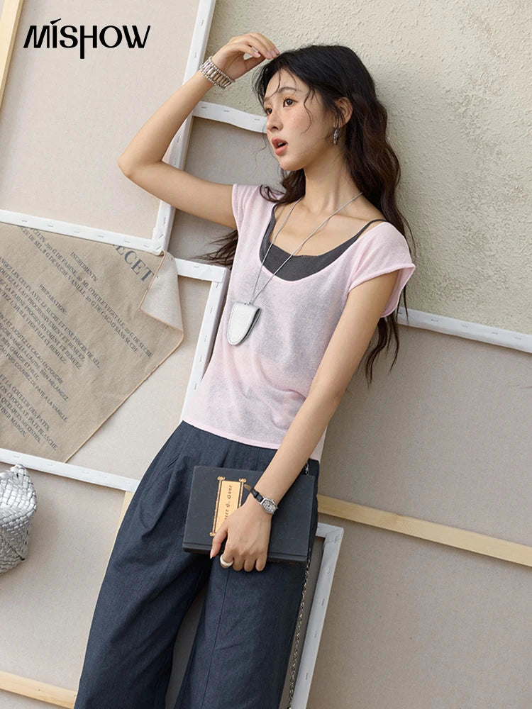 MISHOW Women's Linen Short Sleeve T-shirt 2025 Summer Contrast Color Fake Two-piece Knitted Top Thin Cool Casual Tees MXE36Z1277