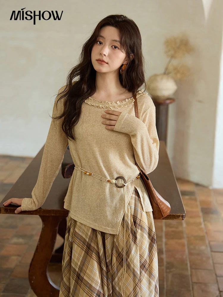 Mishow Apricot Ramie Knit Bohemian Belt Top MXE42Z1324