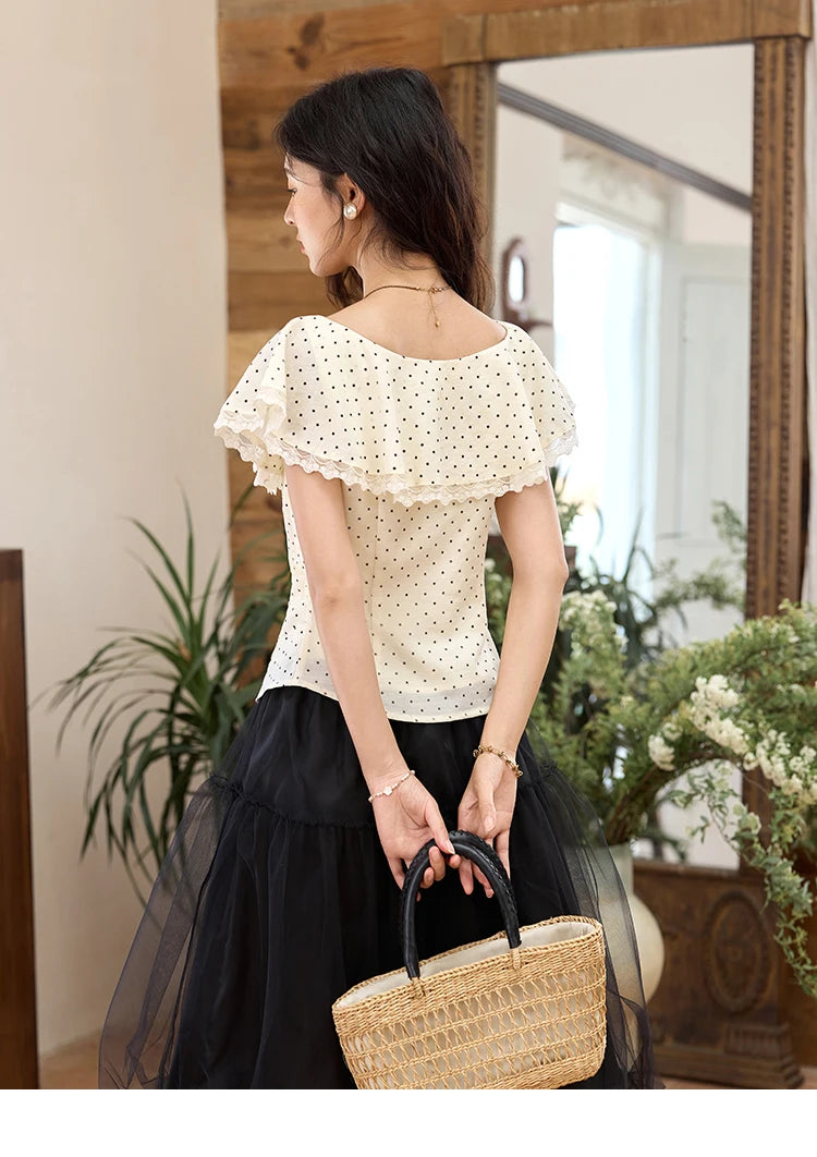MISHOW Women's Apricot Polka Dot Shirt 2025 Summer French Ruffle Edge Patchwork Lace Shirts Short Sleeved Slim Top MXE34X1783