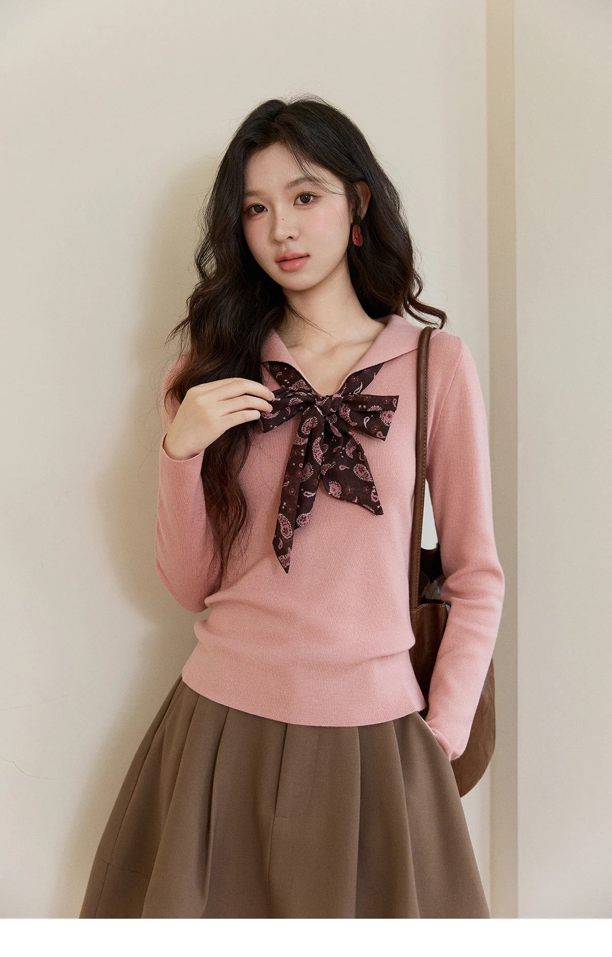 MISHOW Women's Pink V-neck Knitted Top 2026 Spring Polo Neck Detachable Paisley Scarf Thin Tops Casual Slim Sweater MXF108Z1032