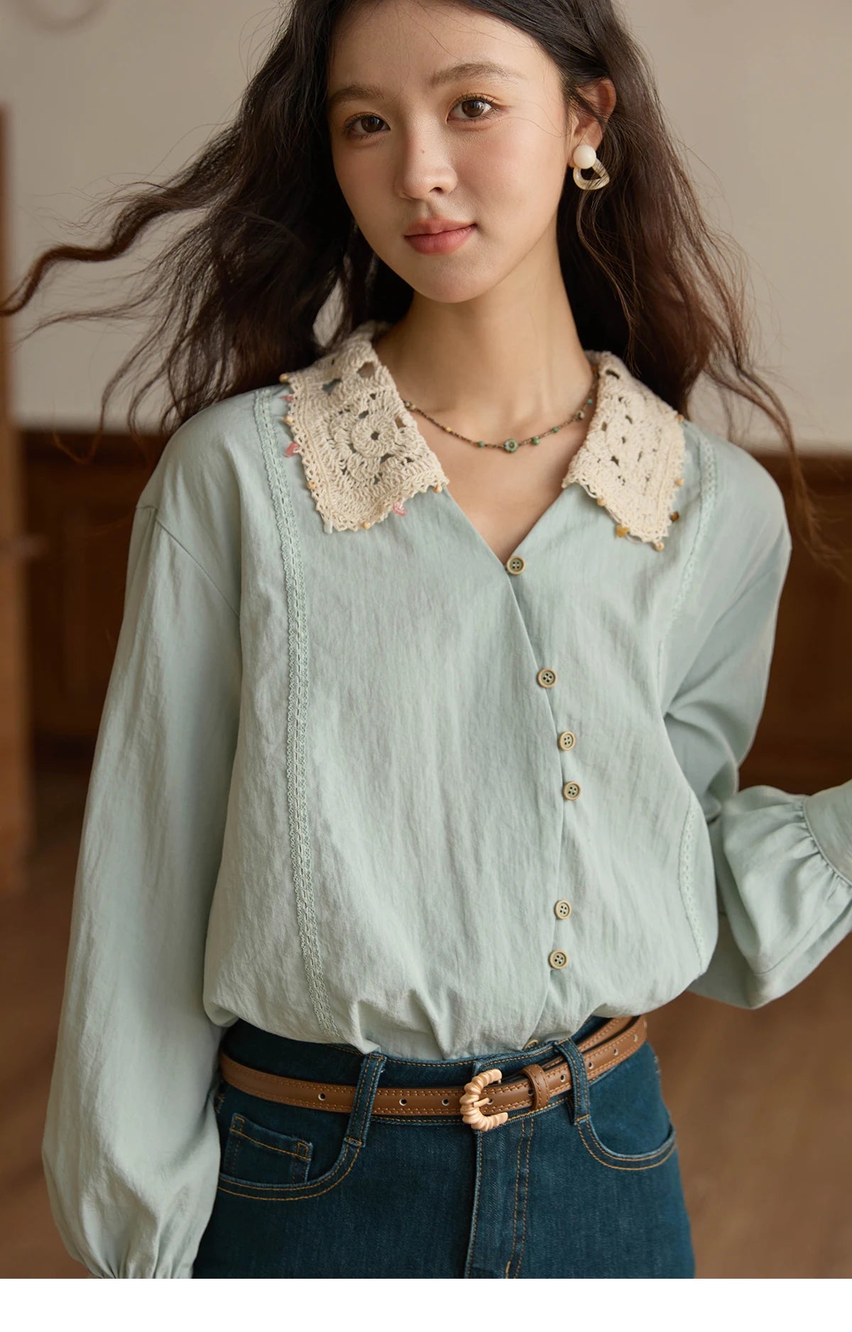 MISHOW Women's Linen Shirt 2025 Autumn Contrast Apricot Lapel Shirts Long Sleeve Curved Placket Tops Office Lady MXE43C2387