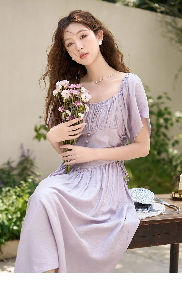 MISHOW Women's Elegant Dress 2023 Summer French A-LINE Butterfly Sleeve Square Collar Solid Lace-up Waist Dresses MXC38L1407