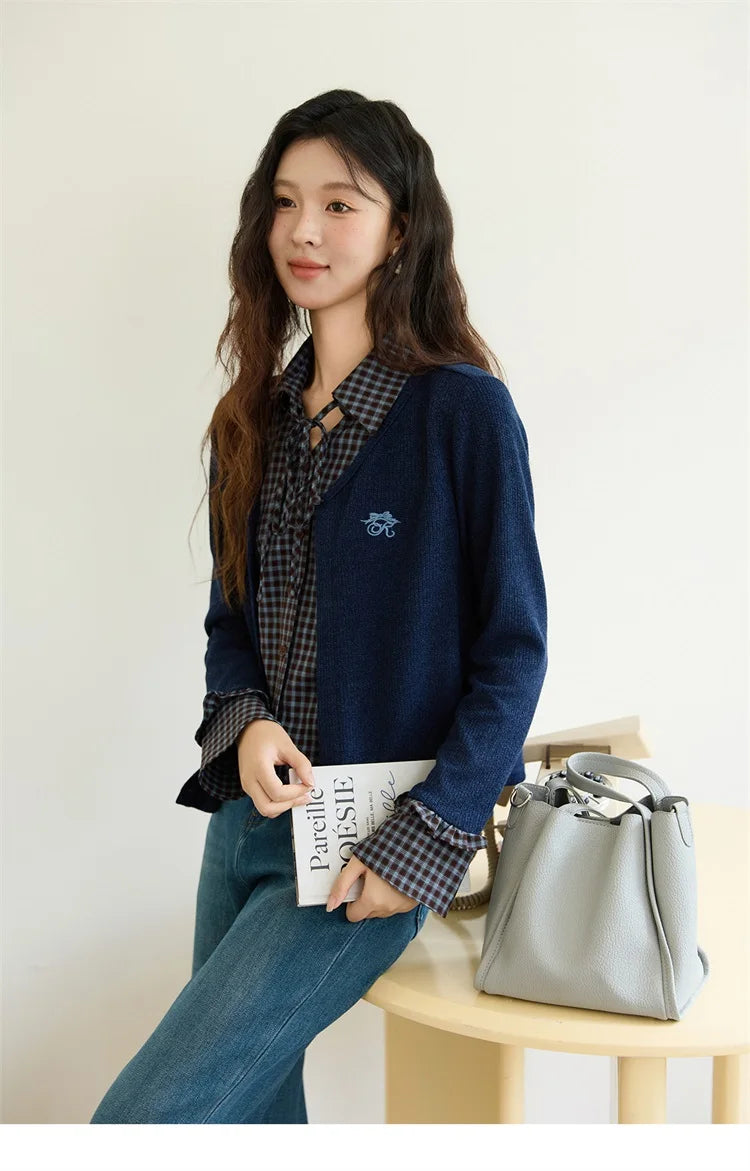 MISHOW Women's Fake Two Knitted Sweaters 2025 Autumn Plaid Splicing Embroidered Tops Retro Lapel Flare Sleeve Tops MXE45Z1401