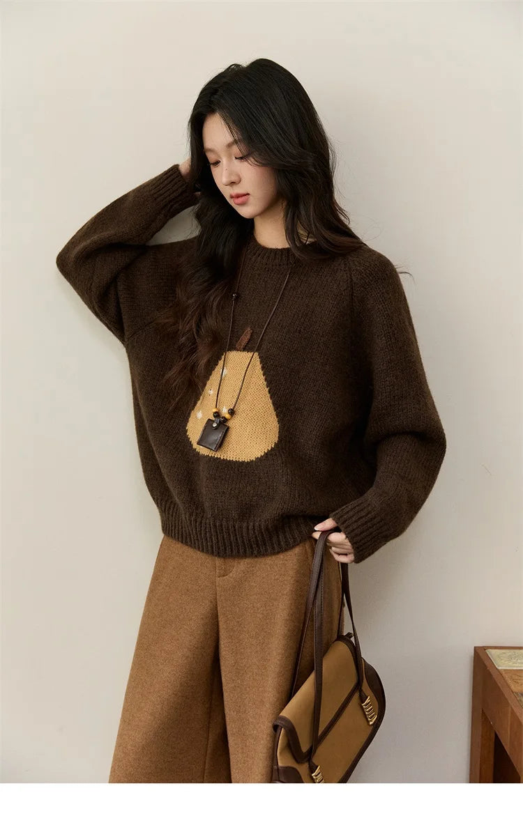 MISHOW Pear Pattern Jacquard Knitted Sweater Autumn Winter Crew Neck Loose Sweaters Wool Blend Warm Pullover Tops MXE94Z2959