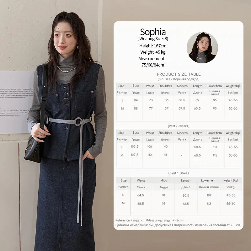 MISHOW Blue Three-piece Suit for Women 2025 Autumn Sleeveless Vest Straight Midi Skirt Slim Knit Tops Skirt Set  MXE49T1421