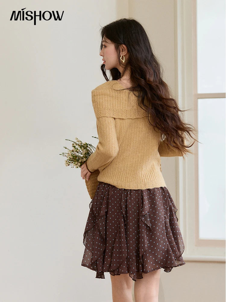 MISHOW Women's Yellow Ribbed Knit Sweater 2026 Spring One Shoulder Collar Floral Embroidery Long Sleeve Thin Sweaters MXF11Z2894