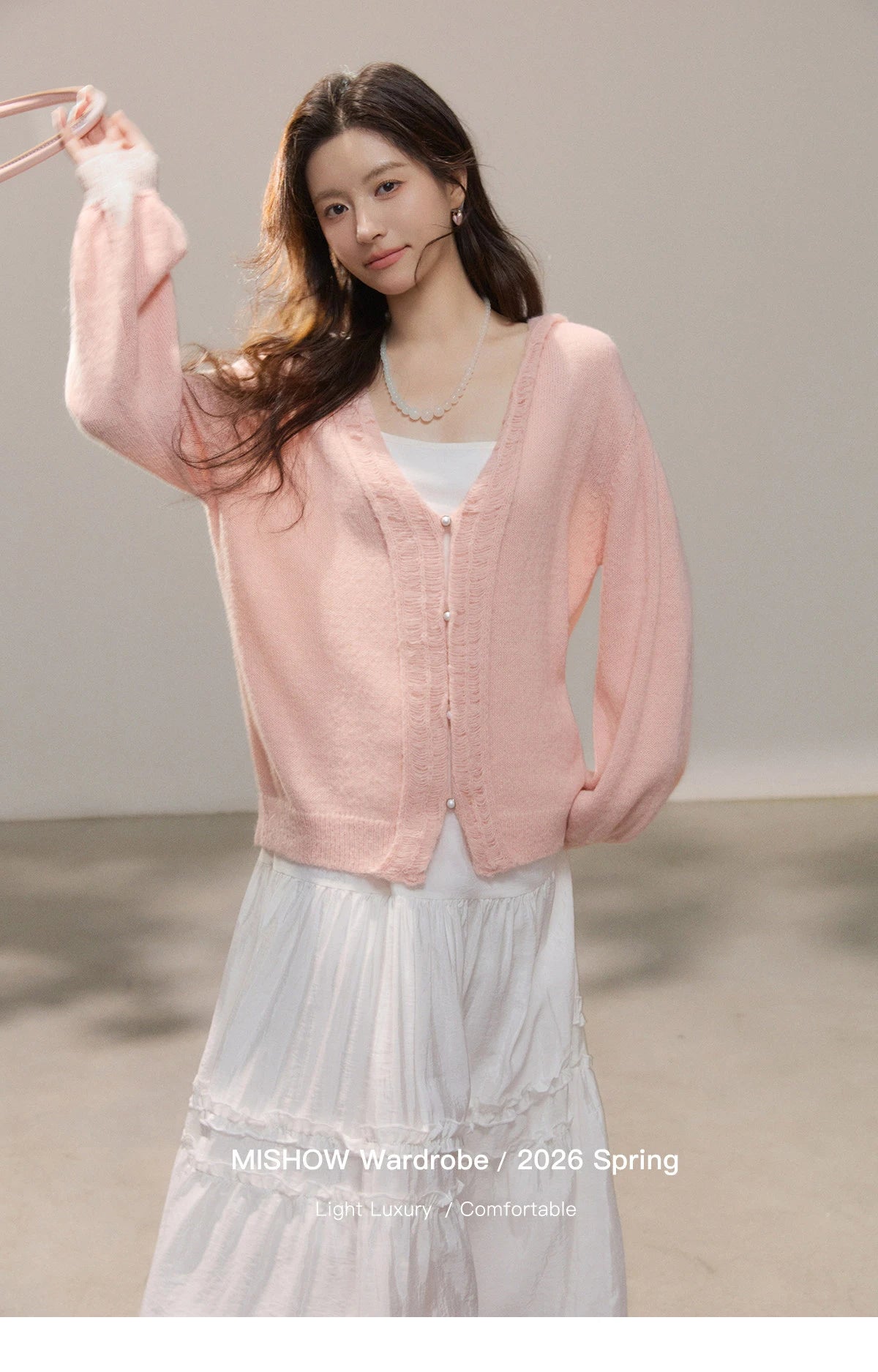 MISHOW Women's Pink Sweet Knit Cardigan 2026 Spring V-Neck Ruffled Trim Pearl Button Cardigans Loose Knitted Sweater MXF108Z1028