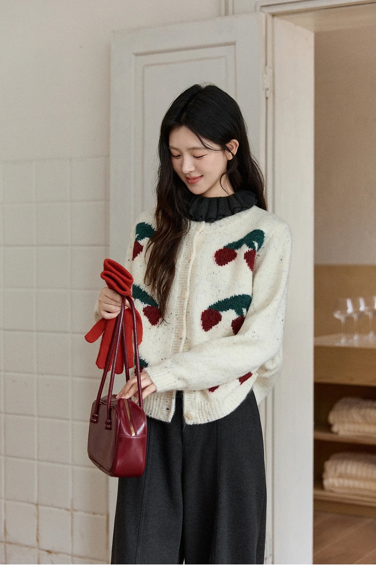 MISHOW Women's Cherry Jacquard Flecked Cardigan 2025 Autumn Winter Korean Drop Shoulder Tops Loose Crew Neck Knitwear MXE91Z2837