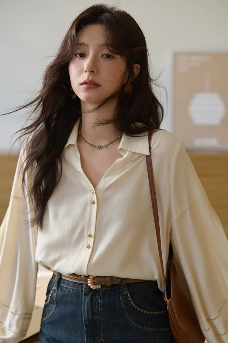 MISHOW Women's Shirt Lantern Sleeve Hollow Out Tops 2025 Autumn Single Breasted Solid Shirts Lapel Shirt Office Lady MXE41C2359