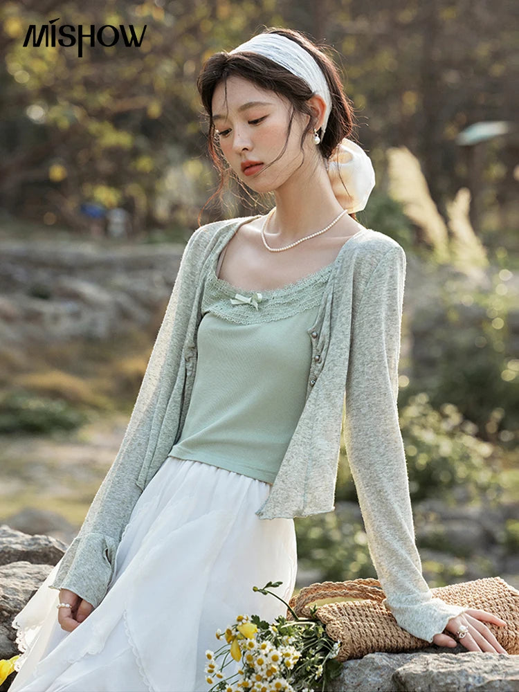 MISHOW Light Green Camisole Knit Cardigan Two-piece Set Spring Summer 2025 Lace Bow Camisole V-neck Cardigan Sets MXE15T0504