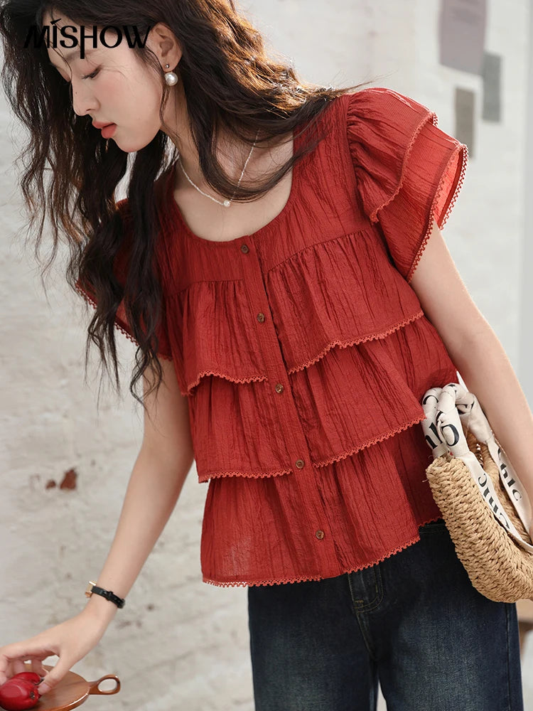 MISHOW Women's French Square Collar Blouses 2024 Summer Retro Red Ruffle Lace Cake Top Puff Sleeve Solid Sweet Blouse MXD30X1488