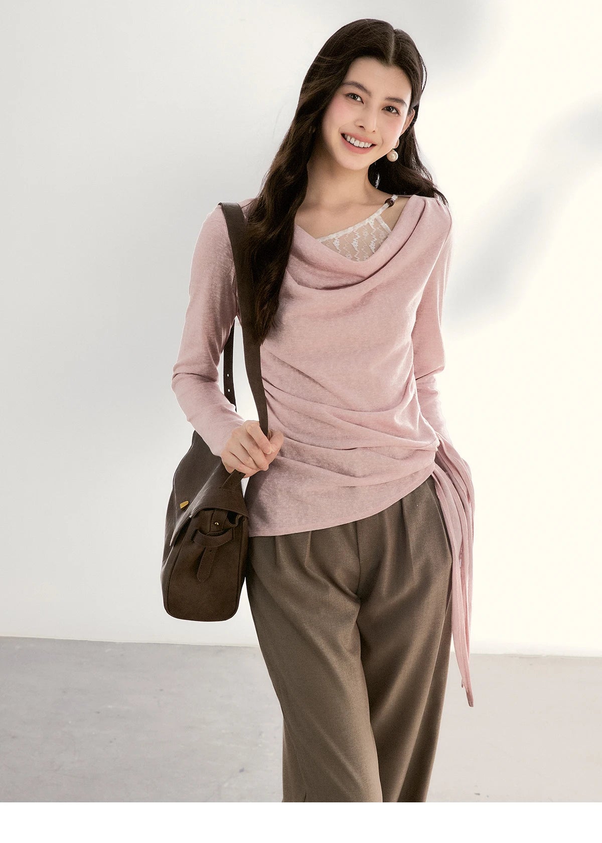 MISHOW Women's Splicing Lace Trim Draped Neck Long Sleeve Tops 2026 Spring Side Tie Ruched Irregular Casual Slim Tees MXF13Z2995