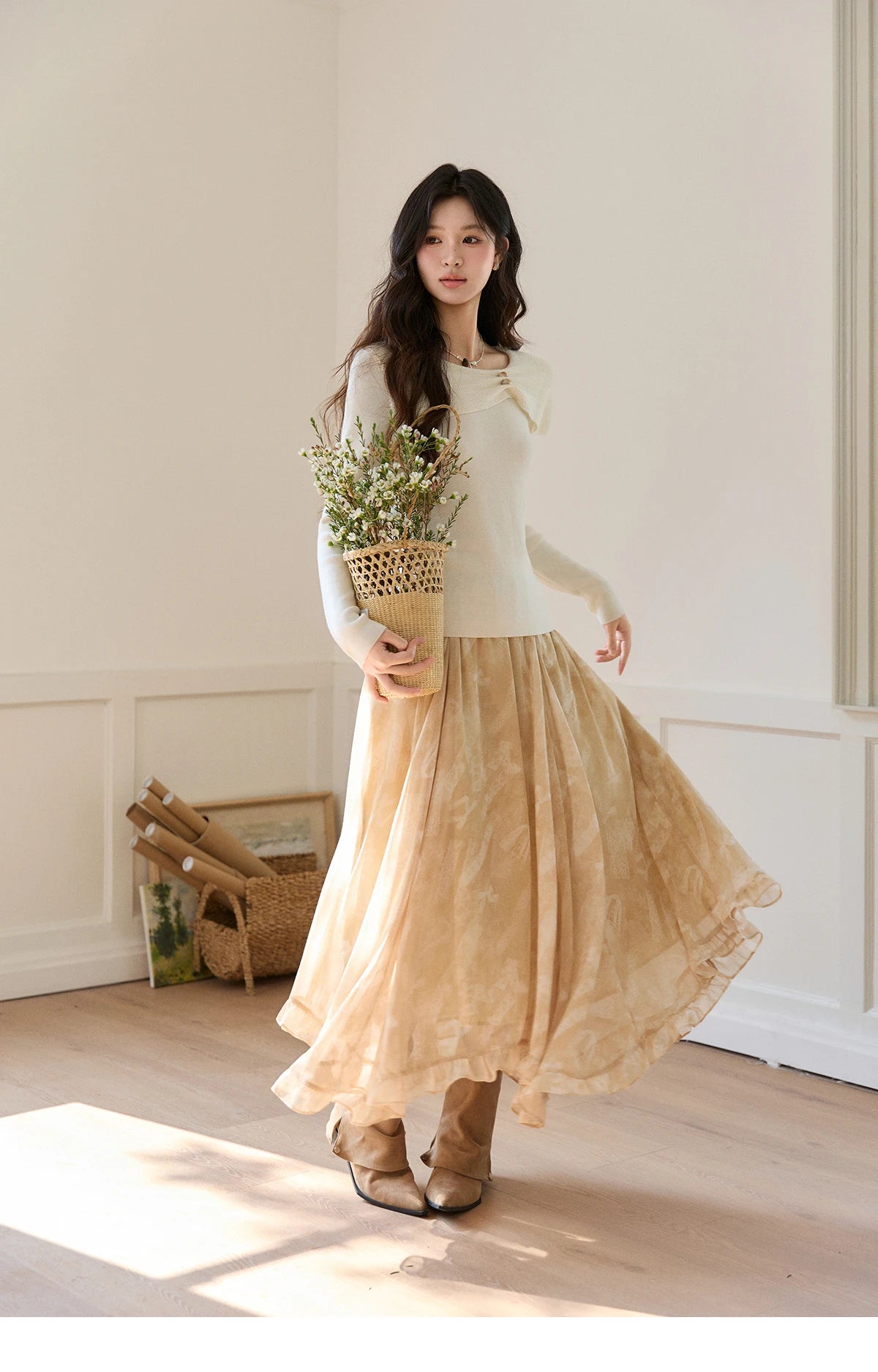 MISHOW Women's Beige Wool Blend Knit Sweater 2026 Spring Asymmetrical Collar Long Sleeve Top Slim Casual Thin Sweater MXF11Z2918