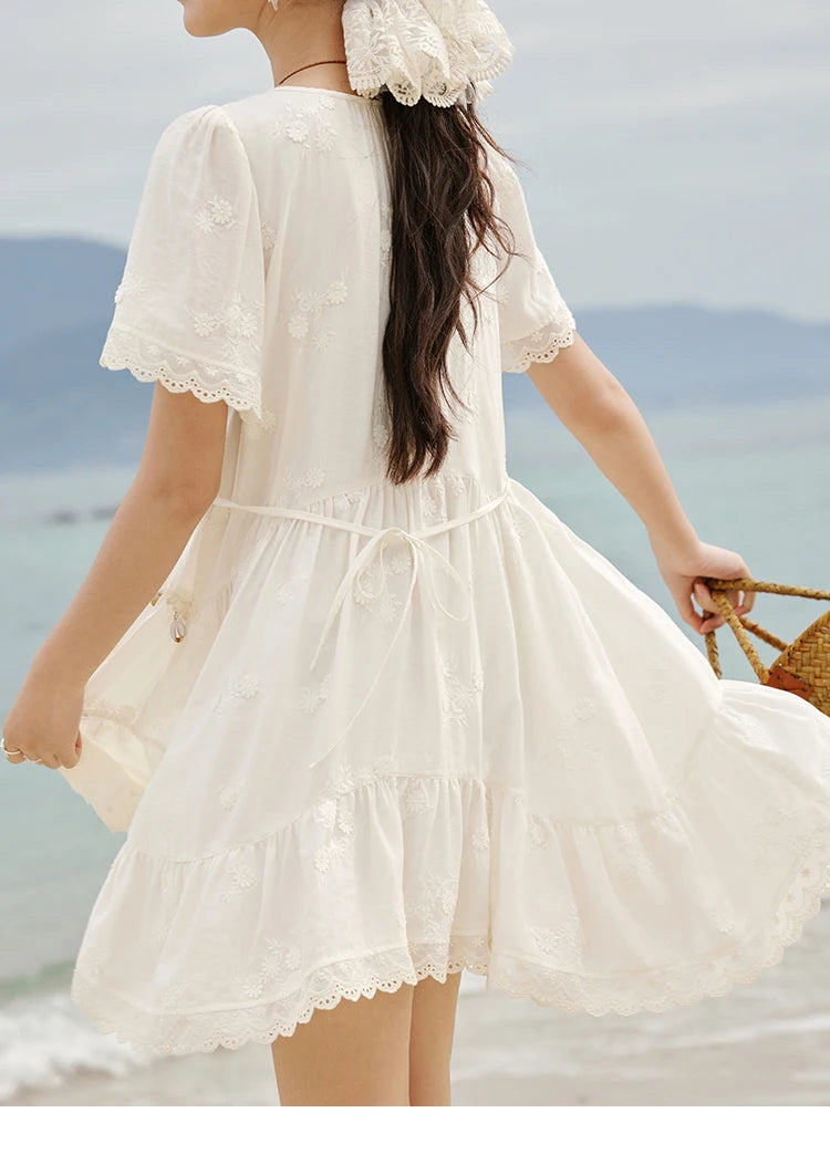 MISOHW Bohemian Solid Women's Summer Dress New 2025 Short Sleeve V-neck Shell Lace Midi Dresses for Woman Fashion MXE33L2195