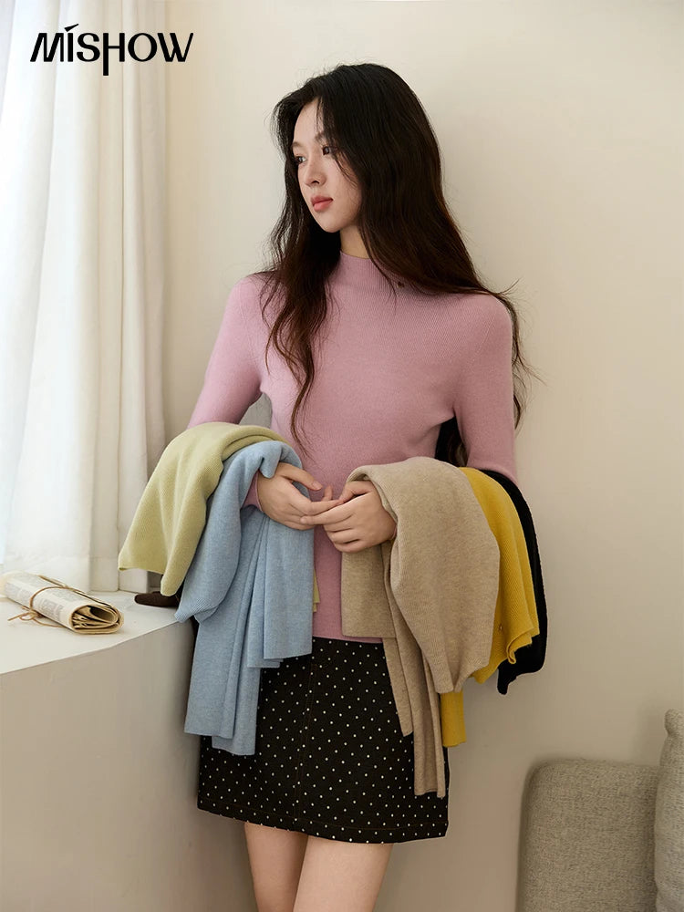 MISHOW Woman Long-sleeved Tops 2025 Autumn Winter Minimalist Mock Neck Knited Top Commute Casual Slim Pullover Woman MXE48Z2583