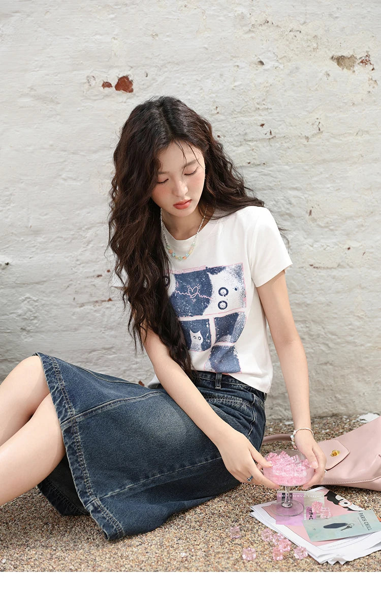 MISHOW Denim Fishtail Skirt 2024 Summer Retro Casual Love Embroidered Pockets Skirt A-line Umbrella Knee-Length Skirt MXD28B0414