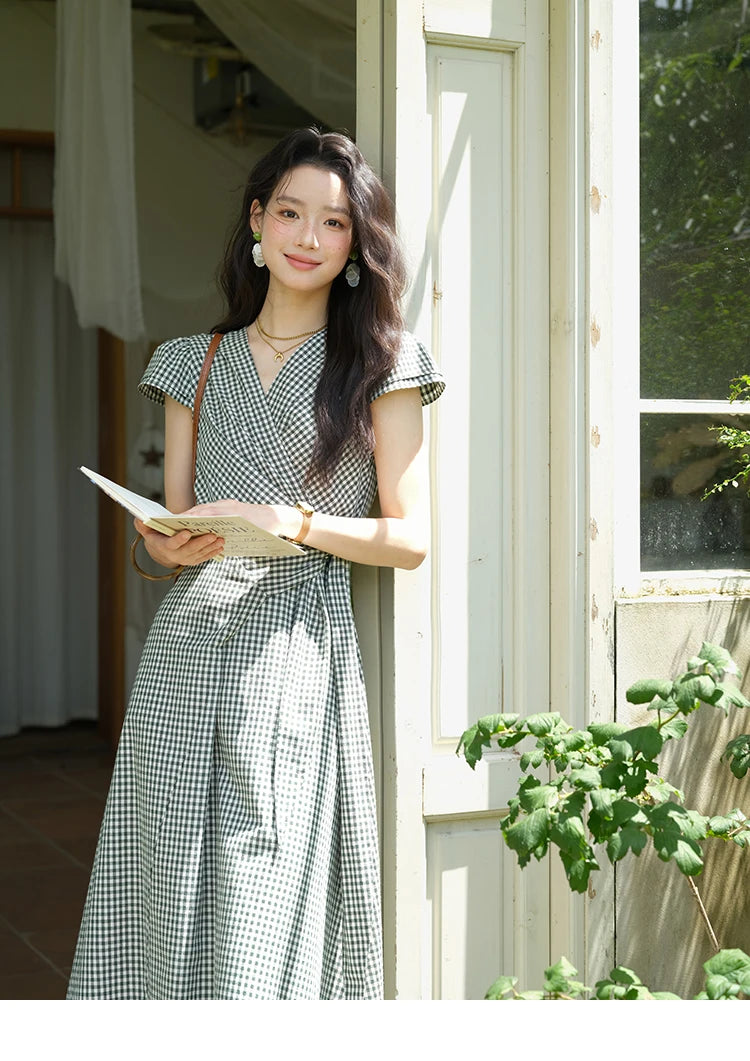 MISHOW Women's Fashion V-neck Dress 2025 Summer Office Lady Plaid Waist Cinched Sashes Short Sleeve Female Dresses MXE39L2410