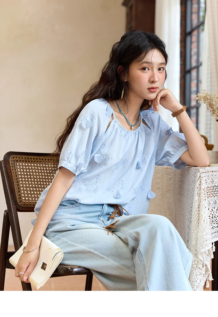 MISHOW Women's Butterfly Embroidery Blouse 2025 Summer New Fashion Hollow Out O-Neck Casual Top Female Clothing MXE36X1878