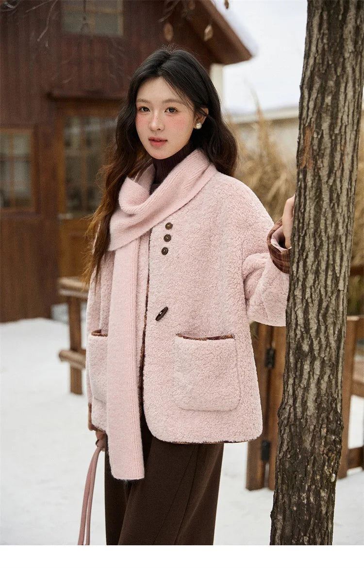 MISHOW Woman Plaid Patchwork Lamb Wool Coat 2025 Winter Round Neck Coat Commute Warm Loose Jacket （Without A Scarf）MXE90W0923