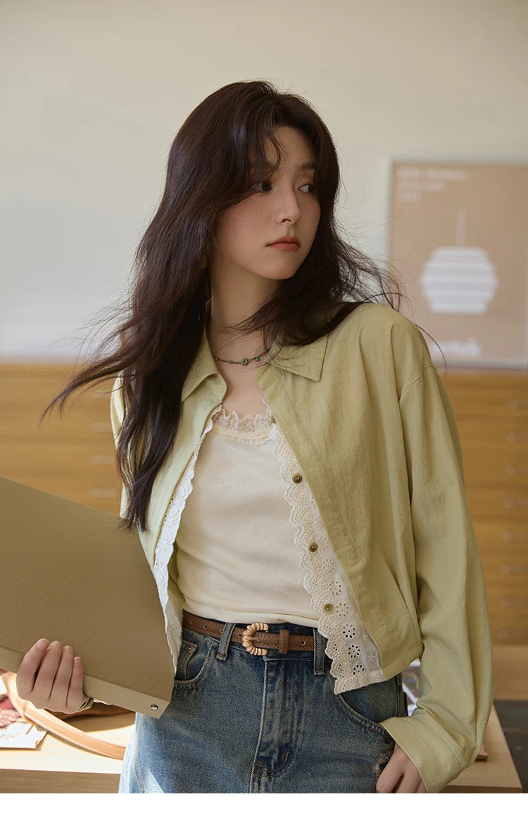 MISHOW Women's Top Green Fake Two Piece Shirt 2025 Autumn Lace Patchwork Lapel Shirts Rear Hem Elastic Short Shirt MXE41C2348