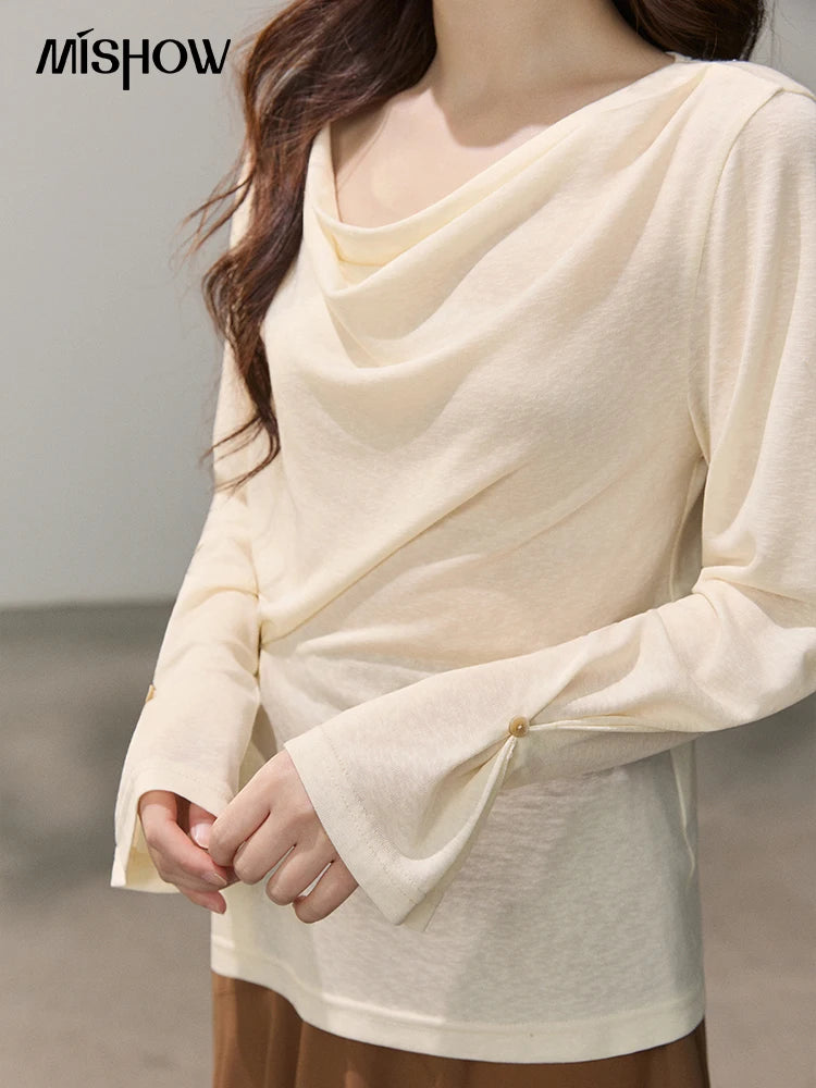 MISHOW Women's Multi Colored Knitted Top 2026 Spring Swinging Collar Flare Sleeve Top Side Twist Whist Casual T-Shirt MXF13T1473