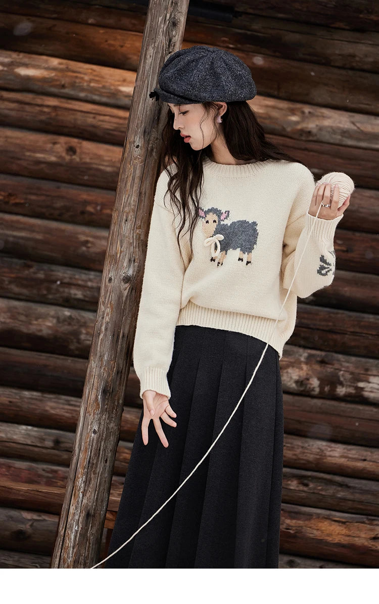 MISHOW Soft Lamb O-Neck Pullovers Color Clash Spliced Knitted Sweater 2024 Winter Women Clothes Thickened Warm Tops MXD59Z1140