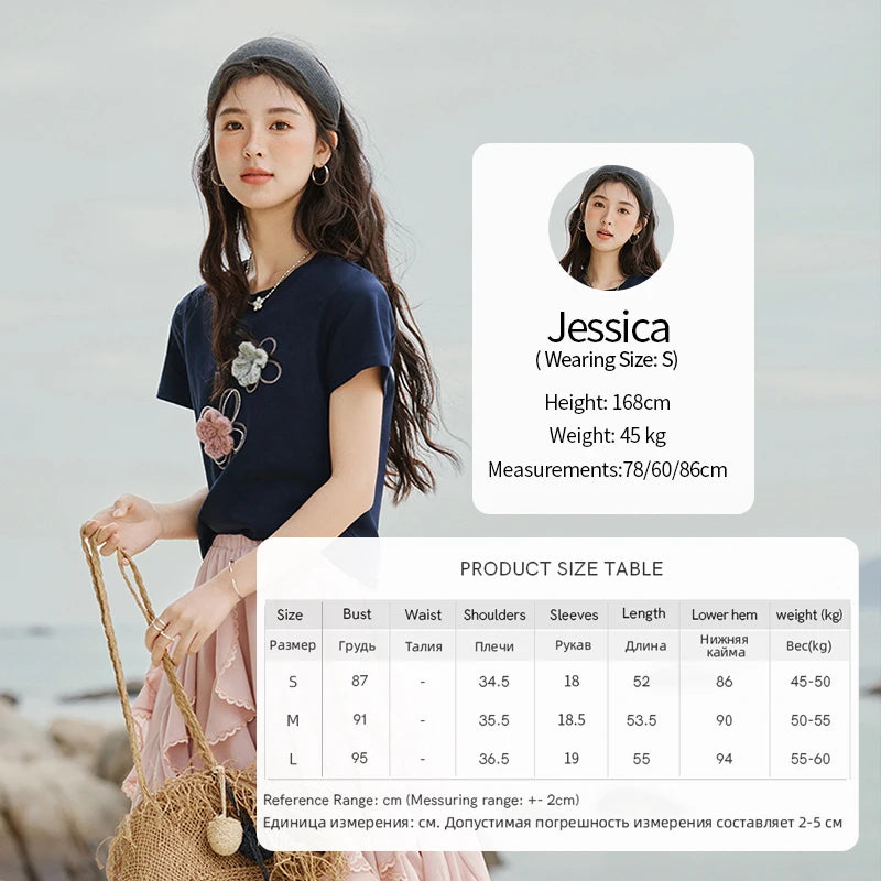 MISHOW Casual Summer Print T-shirts Women New 2025 Short Sleeve Round Neck Flower Beaded Shirts Female Fashion Tops MXE33T0499