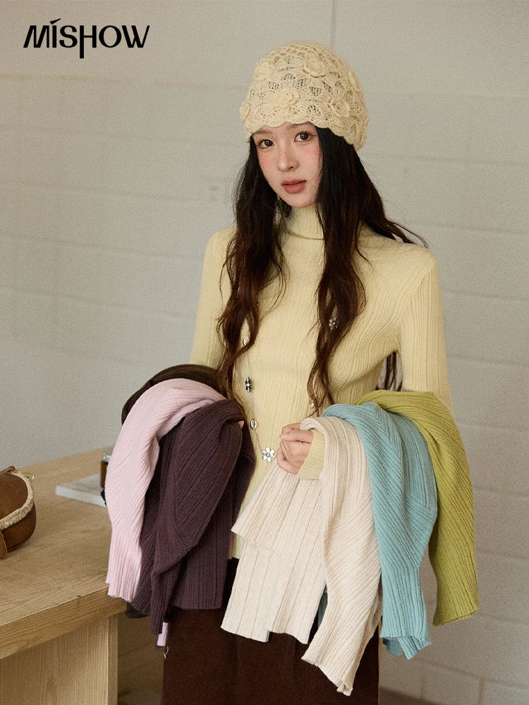 MISHOW Women's Long-sleeved Tops 2025 Winter Simple Solid Turtleneck Sweater Vertical Ribbed Slim Fit Casual Top MXE86Z2656