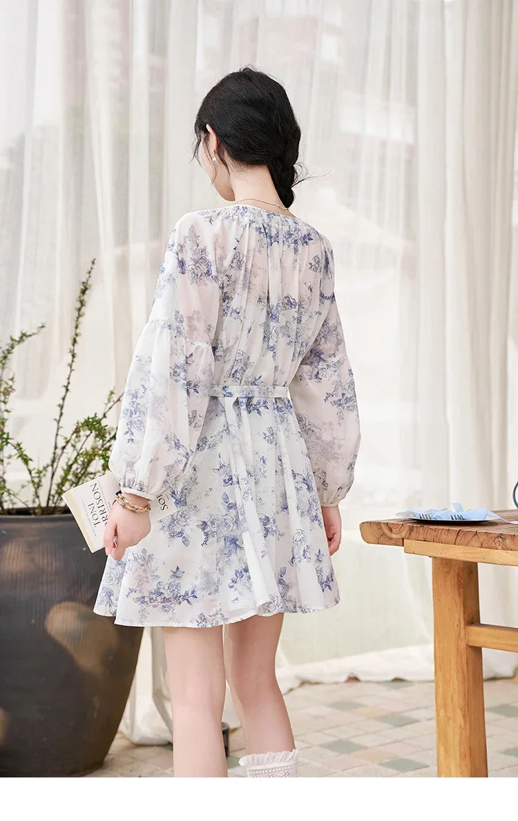 MISHOW Fairy Temperament Floral Puff Sleeved Chiffon Dress Spring Summer 2025 Lace-up O Neck Waist Knee-Length Dress MXD14L1681