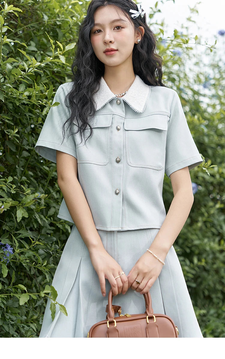 MISHOW French Fragrance Top Pleated Skirt Separately 2024 Lapel Neck Single Breasted Shirt High Waist A-line Skirts MXD24C0201