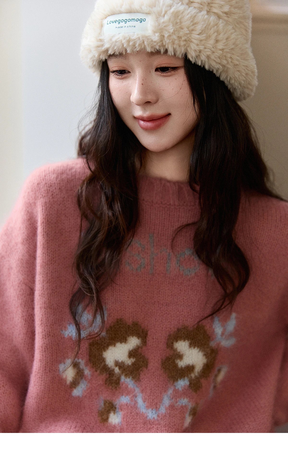 Mishow Pink Jacquard Crew Neck Pullover MXE91Z2831